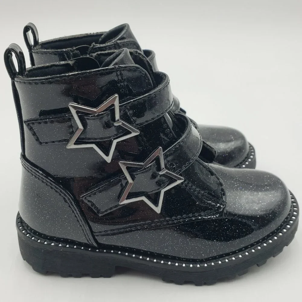 Self Esteem Girls Glitter Patent Leather‎ Star Moto Combat Boots